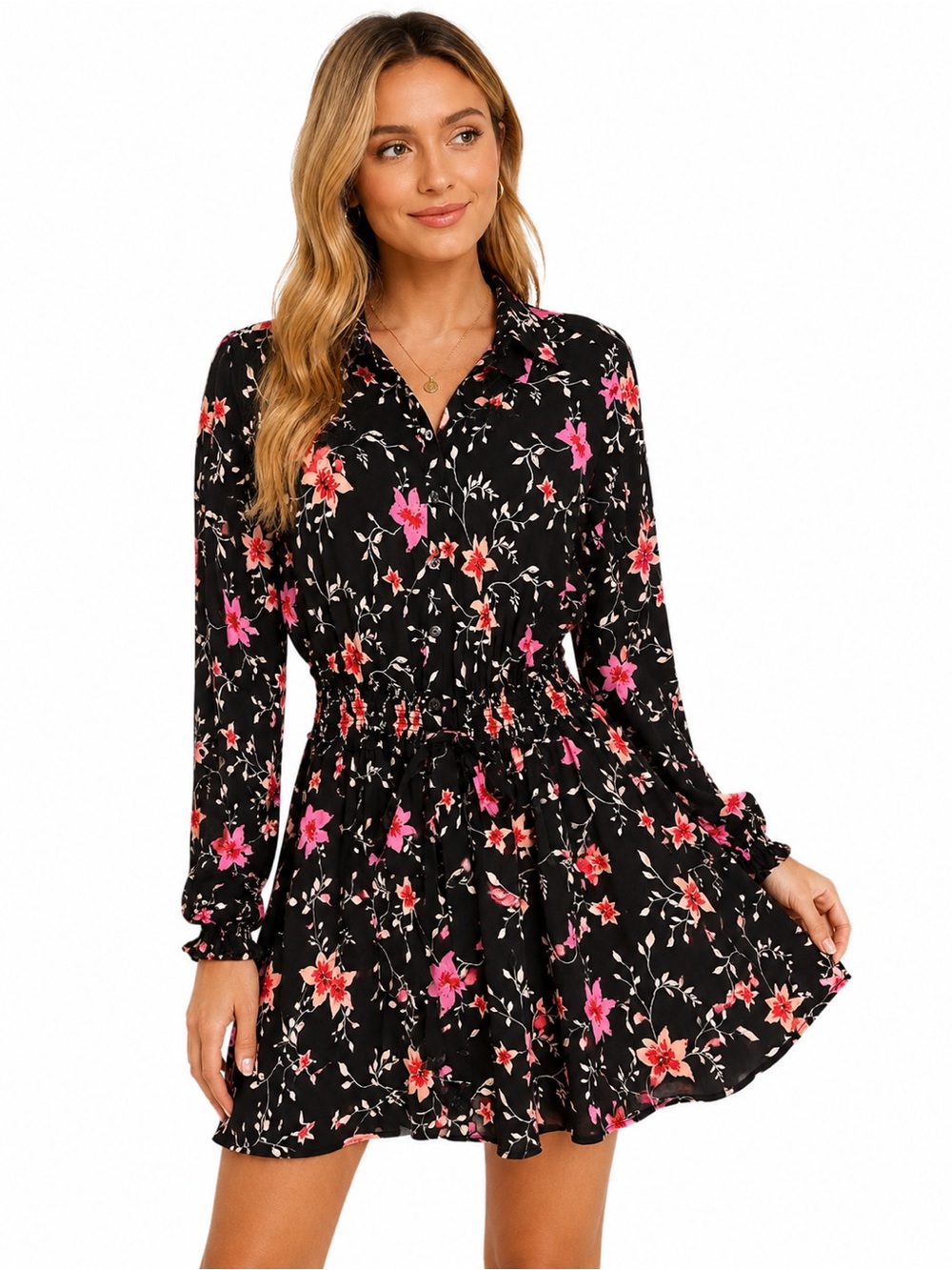 Free People Floral Lighten Up Mini Dress Black Pink Long Sleeve Button Front S/P